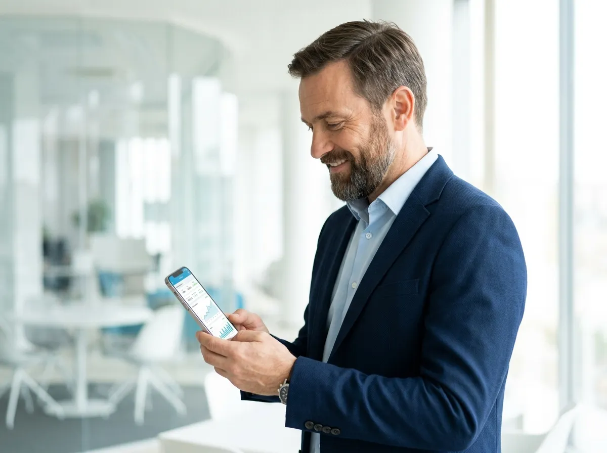Persona sonriendo mientras revisa indicadores de su negocio en el celular